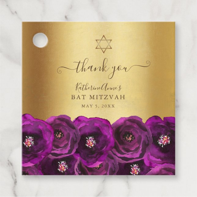 Elegant Magenta Floral Gold Bat Mitzvah Thank You Gåvor Etiketter (Framsida)