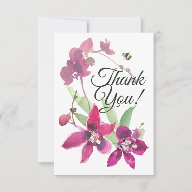 Elegant Magenta Lila Orchids Blommigt Bumblebee Tack Kort (Framsida)