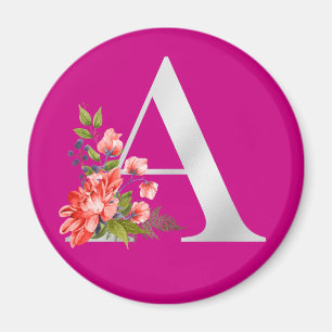 Elegant Magenta Metallisk A Blommigt Monogram Magn Magnet