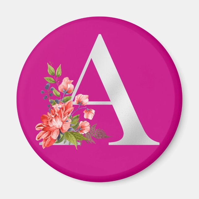 Elegant Magenta Metallisk A Blommigt Monogram Magn Magnet (Framsidan)