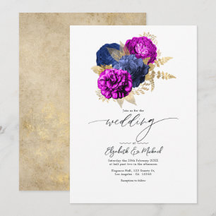 Elegant Magenta, Navy och Guld Blommig Bröllop Inbjudningar