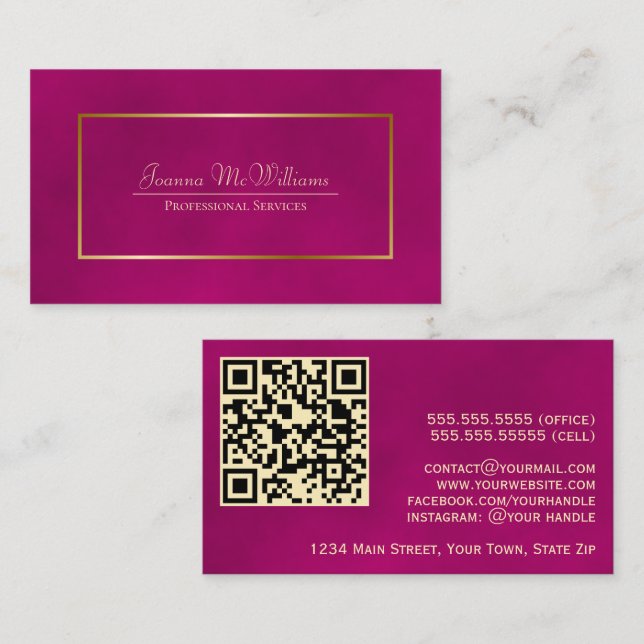 Elegant Magenta och Guld Professionell QR-kod Visitkort (Fram/baksida)