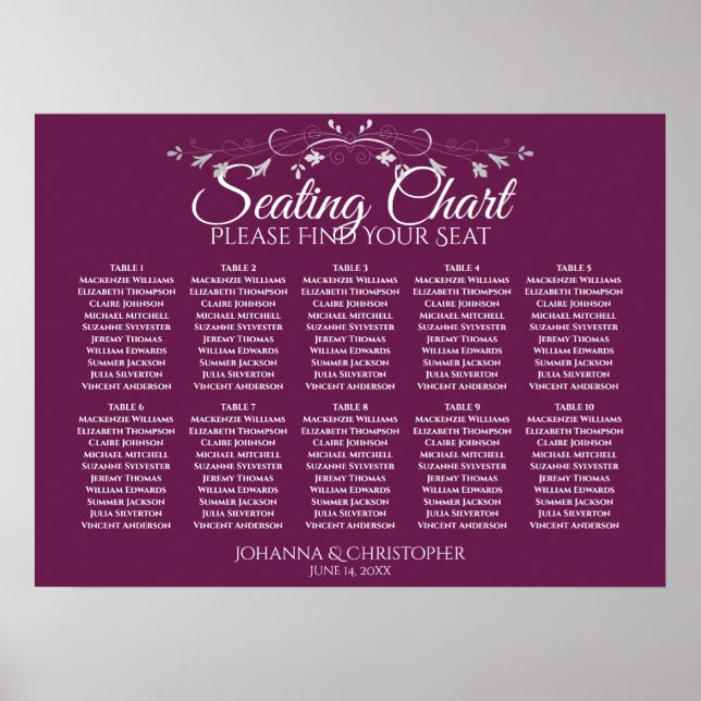 Elegant Magenta Plommon 10 Bord Bröllopsplatskarta Poster (Framsidan)