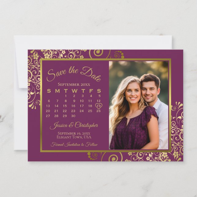 Elegant Magenta Plommon & Guld Kalender Foto Bröll Spara Datumet (Framsida)