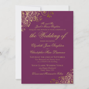 Elegant Magenta Plum & Guld Klassy Forme Bröllop Inbjudningar
