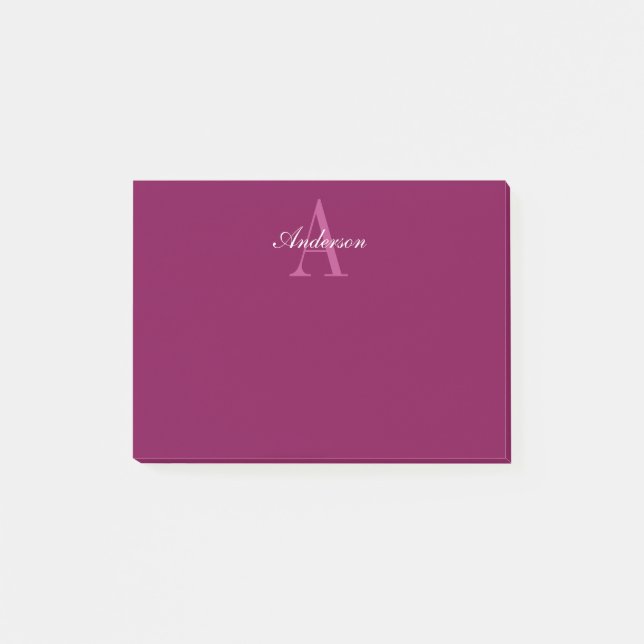 Elegant Magenta Red, Rosa & White Namn & Monogram Post-it Block (Framsida)