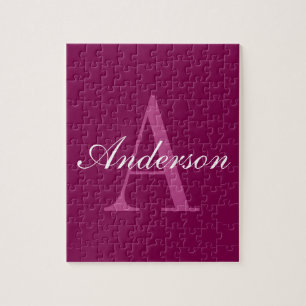 Elegant Magenta Red, Rosa & White Namn & Monogram Pussel