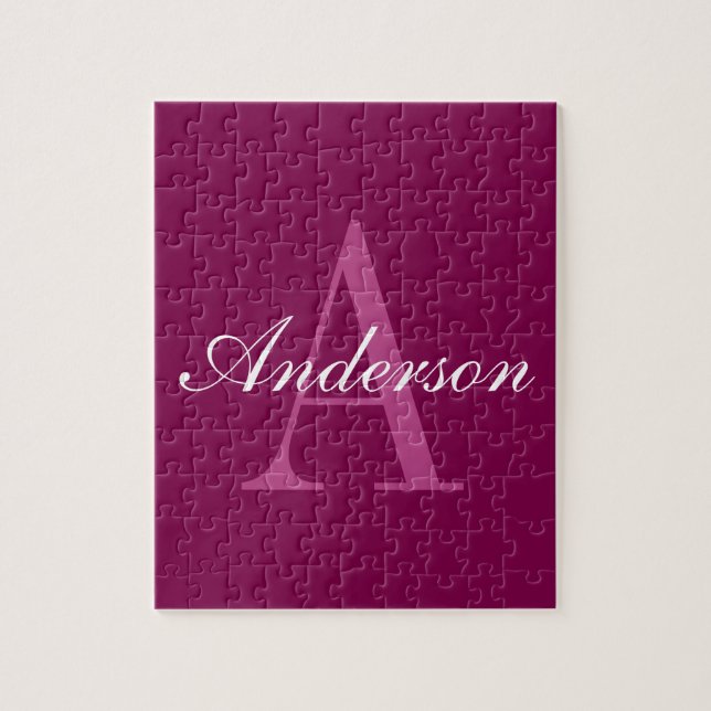 Elegant Magenta Red, Rosa & White Namn & Monogram Pussel (Vertikal)