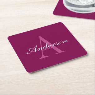 Elegant Magenta Red, Rosa & White Namn & Monogram Underlägg Papper Kvadrat