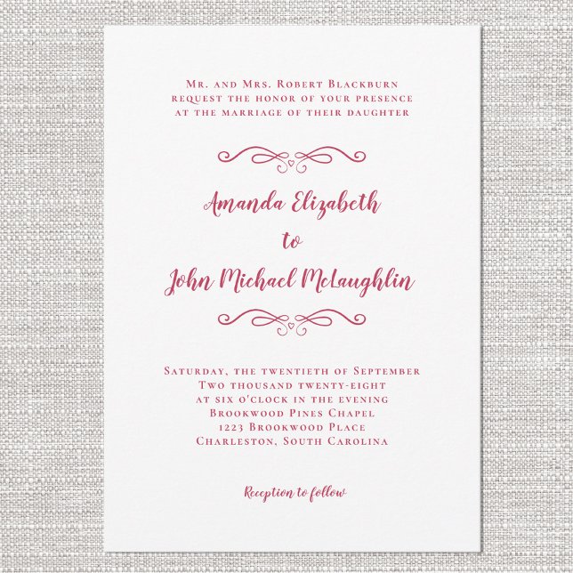 Elegant Magenta Red Script Classic Formal Bröllop Inbjudningar (Elegant Magenta Red Script Classic Formal Wedding Invitation)