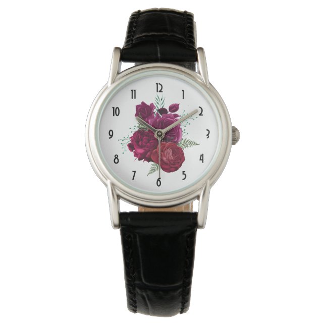 Elegant Magenta Ro Blommigt Bouquet Armbandsur (Framsida)
