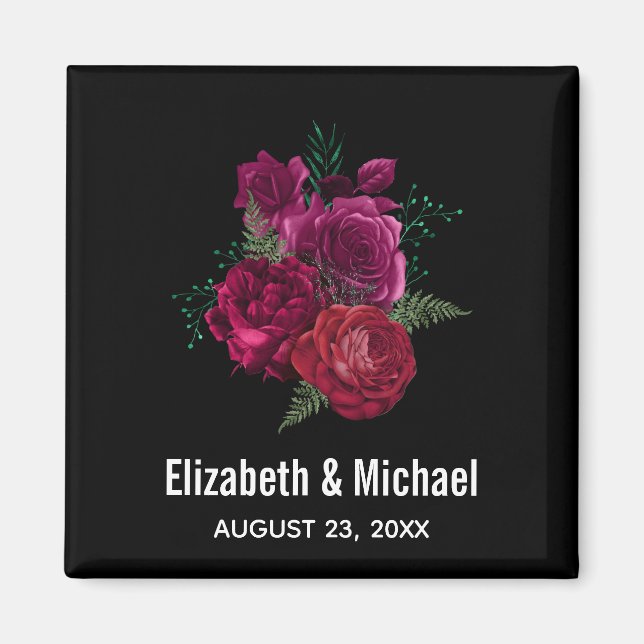 Elegant Magenta Ro Blommigt Bouquet Bröllop Magnet (Framsidan)