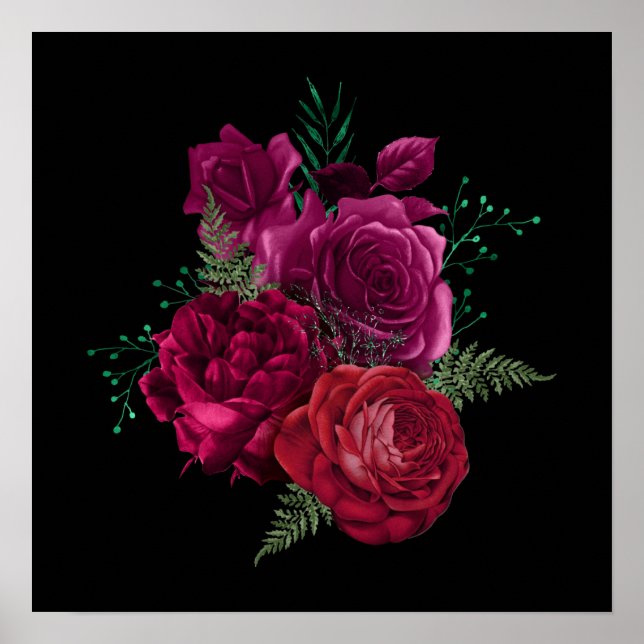 Elegant Magenta Ro Blommigt Bouquet Poster (Framsidan)