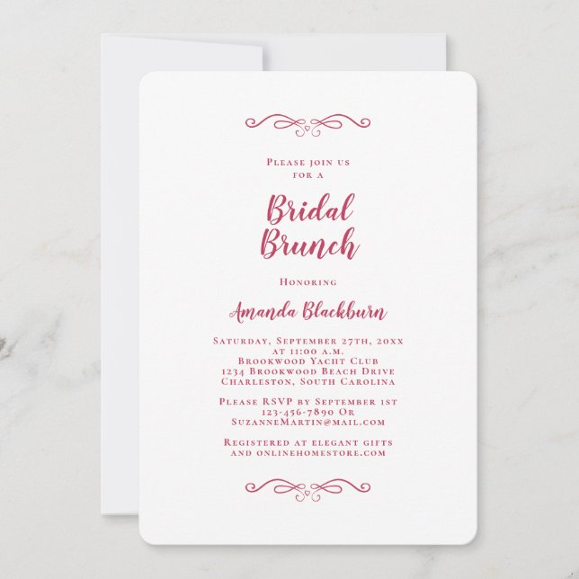Elegant Magenta Röd Kalligrafi Bröllopsbrunch Inbjudningar (Framsida)