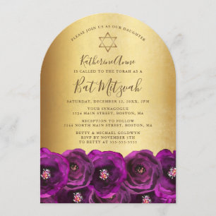 Elegant Magenta Ros Blommig Guld Bat Mitzvah Inbjudningar