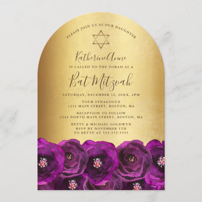Elegant Magenta Ros Blommig Guld Bat Mitzvah Inbjudningar (Framsida)