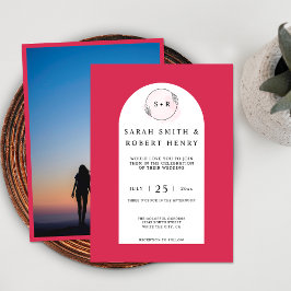 Elegant Magenta Rosa Båg Monogram Foto Bröllop Inbjudningar