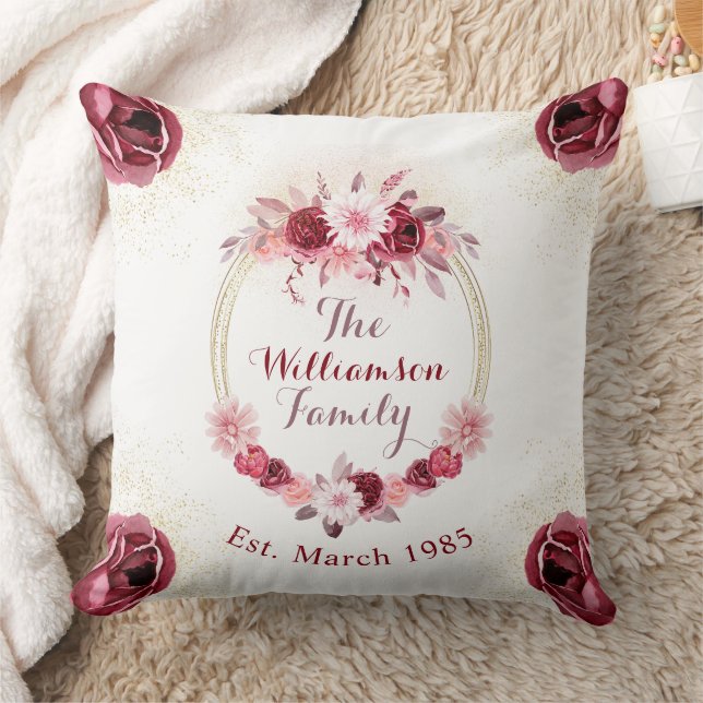 Elegant Magenta Rosa Blommigt Monogram-skript Kudde (Filt)