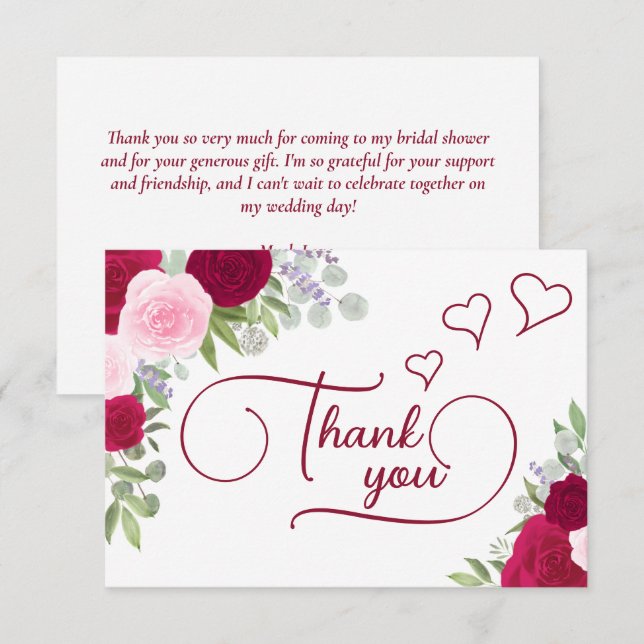 Elegant Magenta & Rosa Boho Rosor Bröllopsdusch Tack Kort (Fram/baksida)