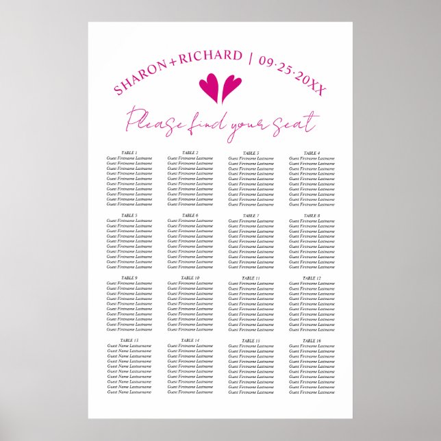 Elegant magenta rosa sätesdiagram bröllop poster (Framsidan)