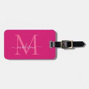 Elegant Magenta Rosa White Monogram Script Namn Bagagebricka