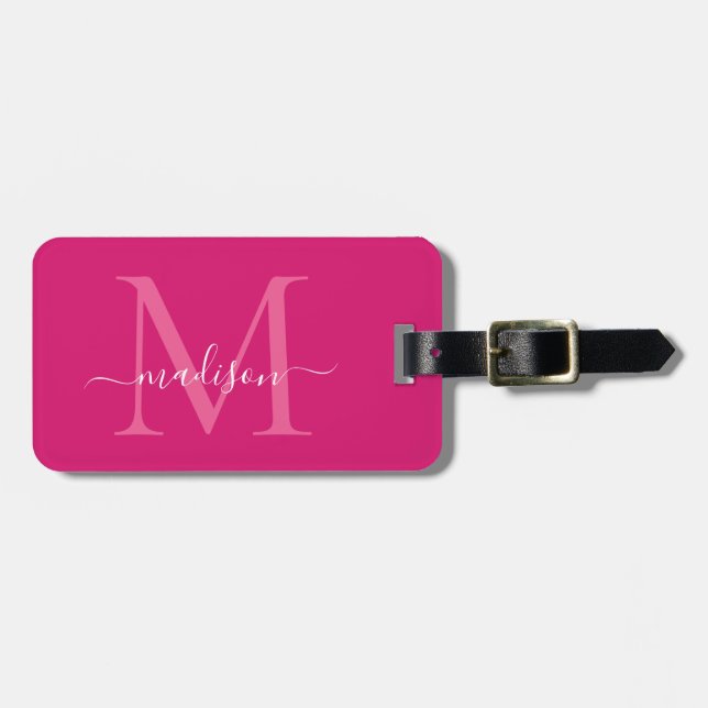 Elegant Magenta Rosa White Monogram Script Namn Bagagebricka (Horisontell Framsida)
