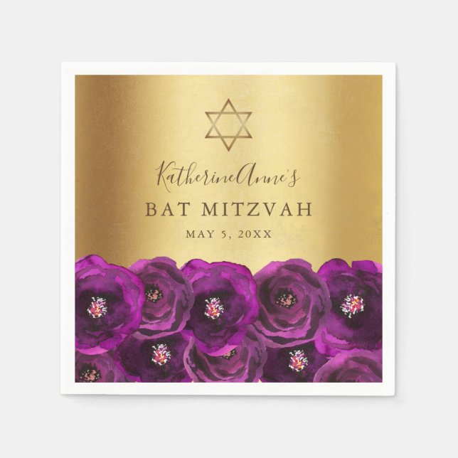 Elegant Magenta Rose Floral Gold Bat Mitzvah Pappersservett (Framsidan)