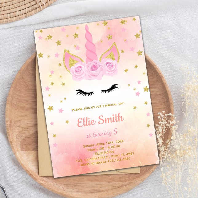 Elegant Magic Girl Party Card med Blommigt Design Inbjudningar (Rose Pink Unicorn Birthday Invitations)