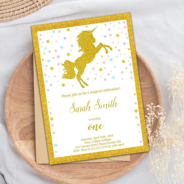 Elegant Magic Party Inbjudan med mousserande detal (Golden Unicorn Birthday Invitations)