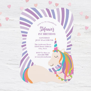 Elegant Magic Rainbow Unicorn Girl 1:a födelsedage Inbjudningar