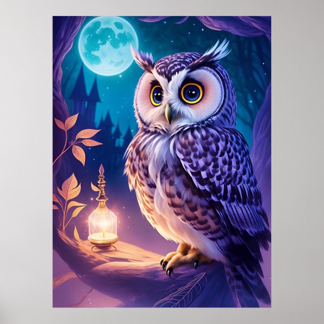 Elegant Magic Tecknad Uggla AI Art Poster (Framsidan)