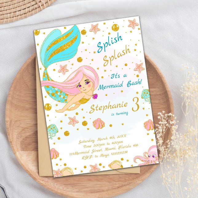 Elegant Magisk under Party Inbjudan (Golden Glitter Mermaid Birthday Invitations)