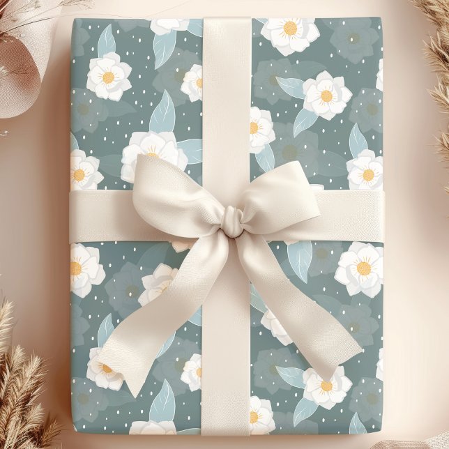 Elegant Magnolia Blommigt White Polka Dot Presentpapper (Skapare uppladdad)