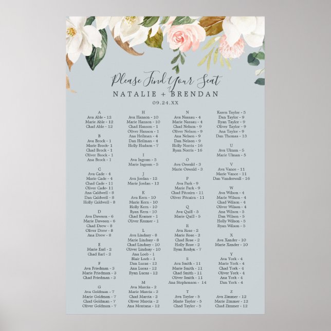 Elegant Magnolia Blue Alfabetical Sektdiagram Poster (Framsidan)