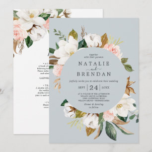 Elegant Magnolia   Blue Grått Front & Back Bröllop Inbjudningar