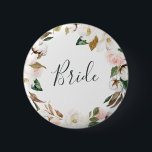 Elegant Magnolia Bride Möhippa Knapp<br><div class="desc">Den här möhippan för magnolibrid i eleganten är perfekt för en modern möhippa i klassen. Den mjuka blommigten har vattenfärgade  rosor,  förbluffande vita magnoliska blommor och bomull med guld och grönt löv i en lyxig arrangemang.</div>