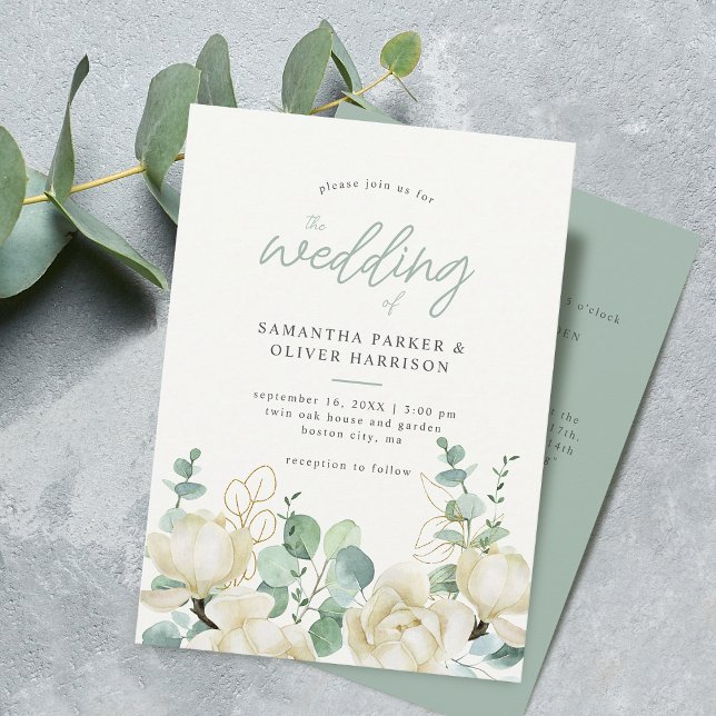 Elegant Magnolia Eucalyptus Bröllop Inbjudningar (Elegant Magnolia Eucalyptus Wedding Details and Invitation)