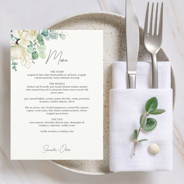 Elegant Magnolia Eucalyptus Bröllop Meny (Elegant Magnolia Eucalyptus Wedding Menu)