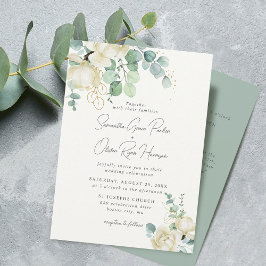 Elegant Magnolia Eucalyptus Bröllopsdetalj och Inbjudningar