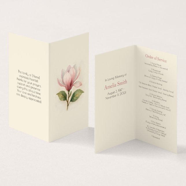 Elegant Magnolia Funeral Order Program Kort (In- och utsida)