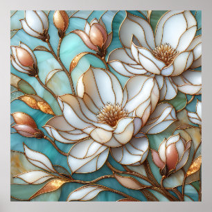 Elegant Magnolia Glasmosaik Blommig Konst Poster