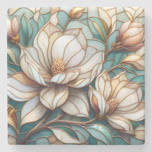 Elegant Magnolia Glasmosaik Blommig Konst Stenunderlägg (Framsidan)