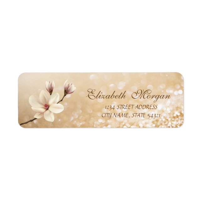 Elegant Magnolia Glittery Bokeh Adress Returadress Etikett (Framsidan)