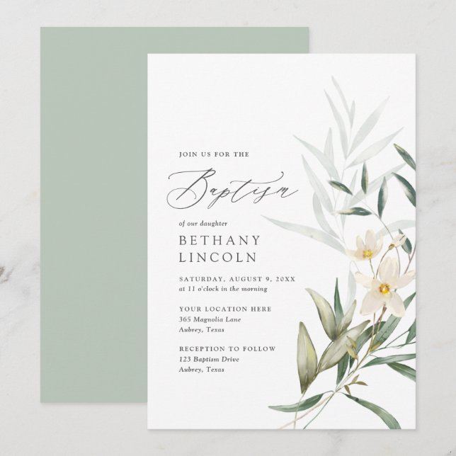 Elegant Magnolia Greenery Baptism Inbjudningar (Fram/baksida)