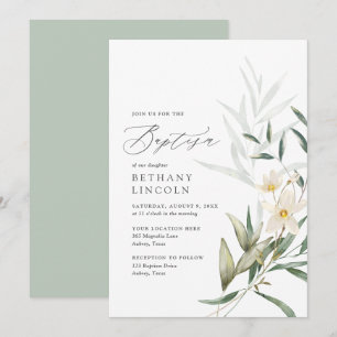 Elegant Magnolia Greenery Baptism Inbjudningar