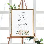 Elegant Magnolia |  Möhippa Välkommen Poster<br><div class="desc">Denna elegant magnolias möhippa poster oss att välkomna är perfekt för en modern klassens möhippa. Den mjuka blommigten har vattenfärgade rosor, förbluffande vita magnoliska blommor och bomull med guld och grönt löv i en lyxig arrangemang. Anpassa poster namn i bruden, dagar till bröllop, duschdatum och tillvalsinformation om foton i social-mediet....</div>