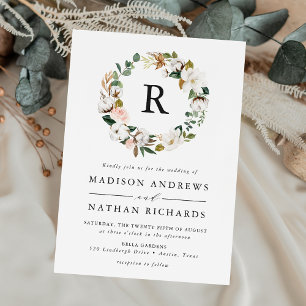 Elegant Magnolia och Blush Blommig Monogram Bröllo Inbjudningar
