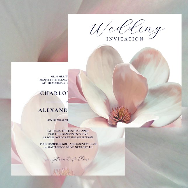 Elegant Magnolia Rosa och Vita Bröllop Inbjudningar (Elegant Magnolia Pink and White Wedding Invitation 1)