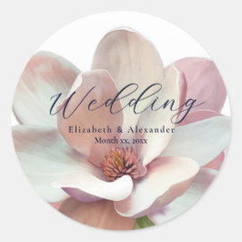Elegant Magnolia Rosa och Vita Bröllop Runt Klistermärke