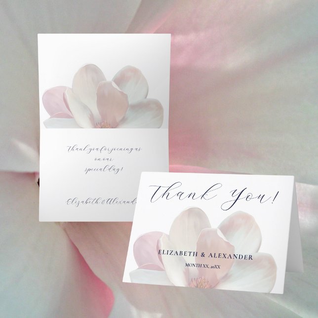 Elegant Magnolia Soft Rosa och White Bröllop Tack Kort (Elegant Magnolia Soft Pink and White Wedding Thank You Card)